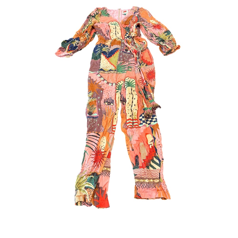 Farm Rio Tropical Patchwork Wrap Waist V-Neck Jumpsuit Multicolor Size S